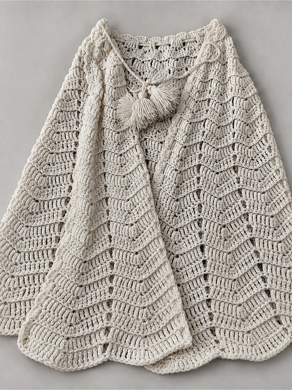 Cream Chunky Crochet Poncho Cape Wrap with Tassel Tie Boho Style